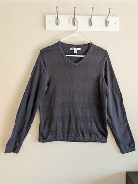 Kenneth Cole New York Men's V-Neck Striped Sweater - Charcoal Gray, Size M